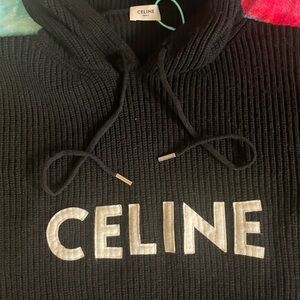 Celine Ribbed Black Hoodie with White Embroidery